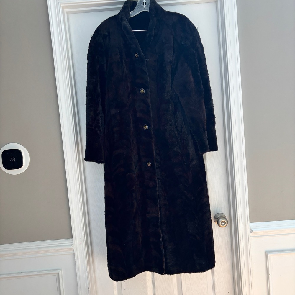 VTG Dasco Mink Coat Womens L Longline Dark Brown & Black Chevron Pattern
